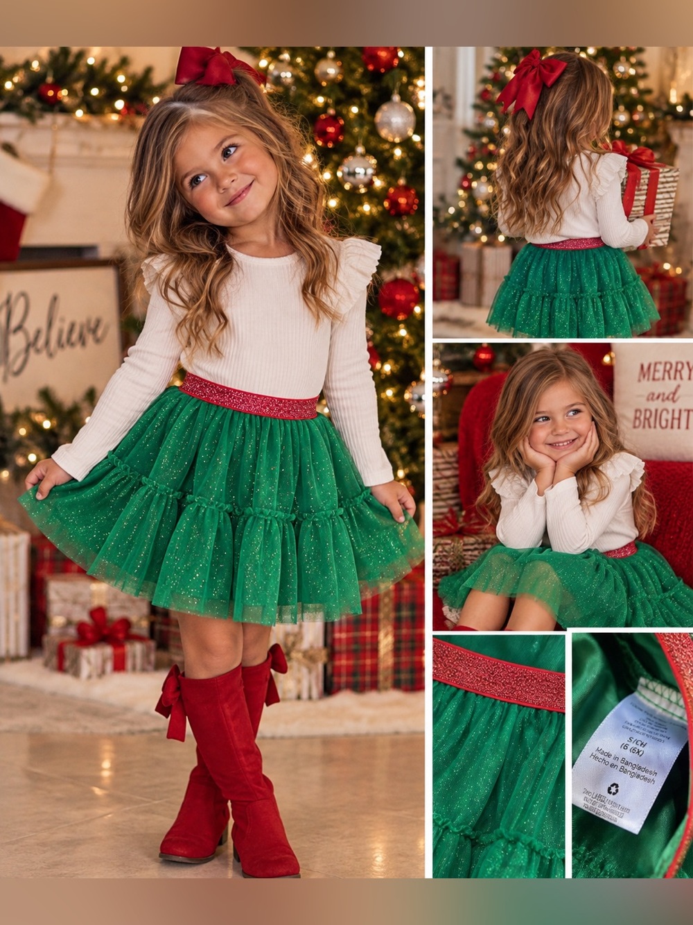 Holiday Time Girls Size 6-6X Green Glitter Tulle Christmas Tutu Skirt Red Waist